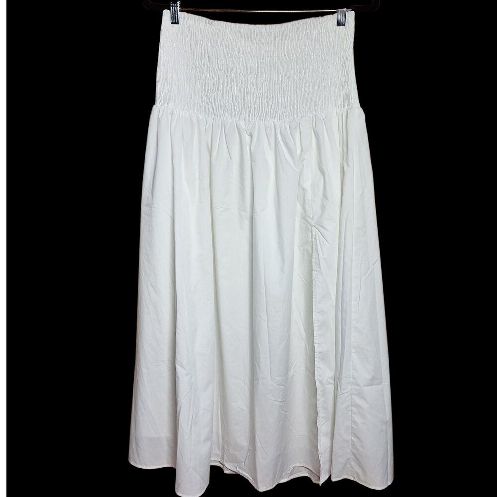 Commense Shirred high waist maxi skirt white w slit minimalist smocked beachy - Picture 2 of 7